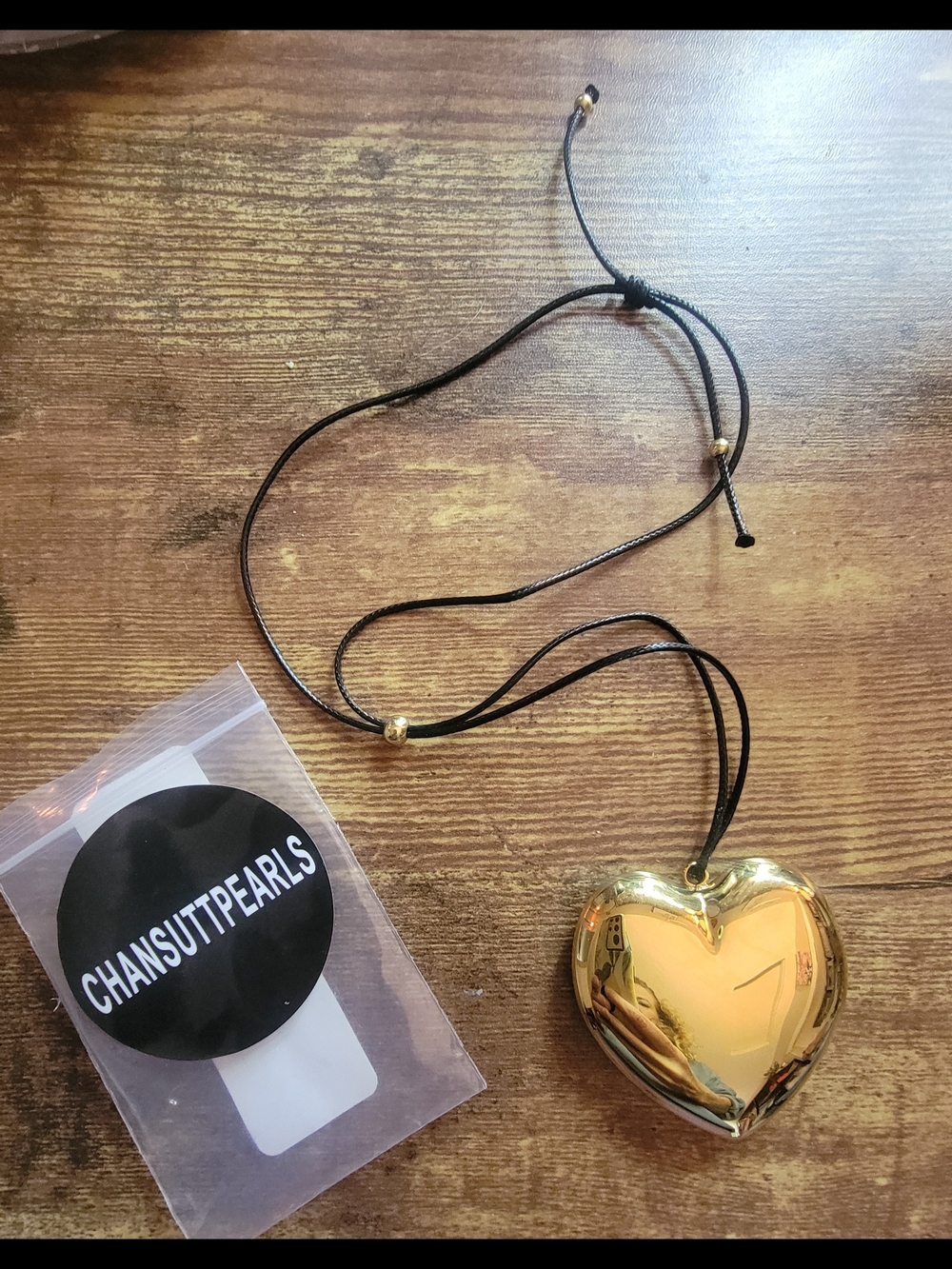 Gold Heart Pendant Necklace - Black Cord